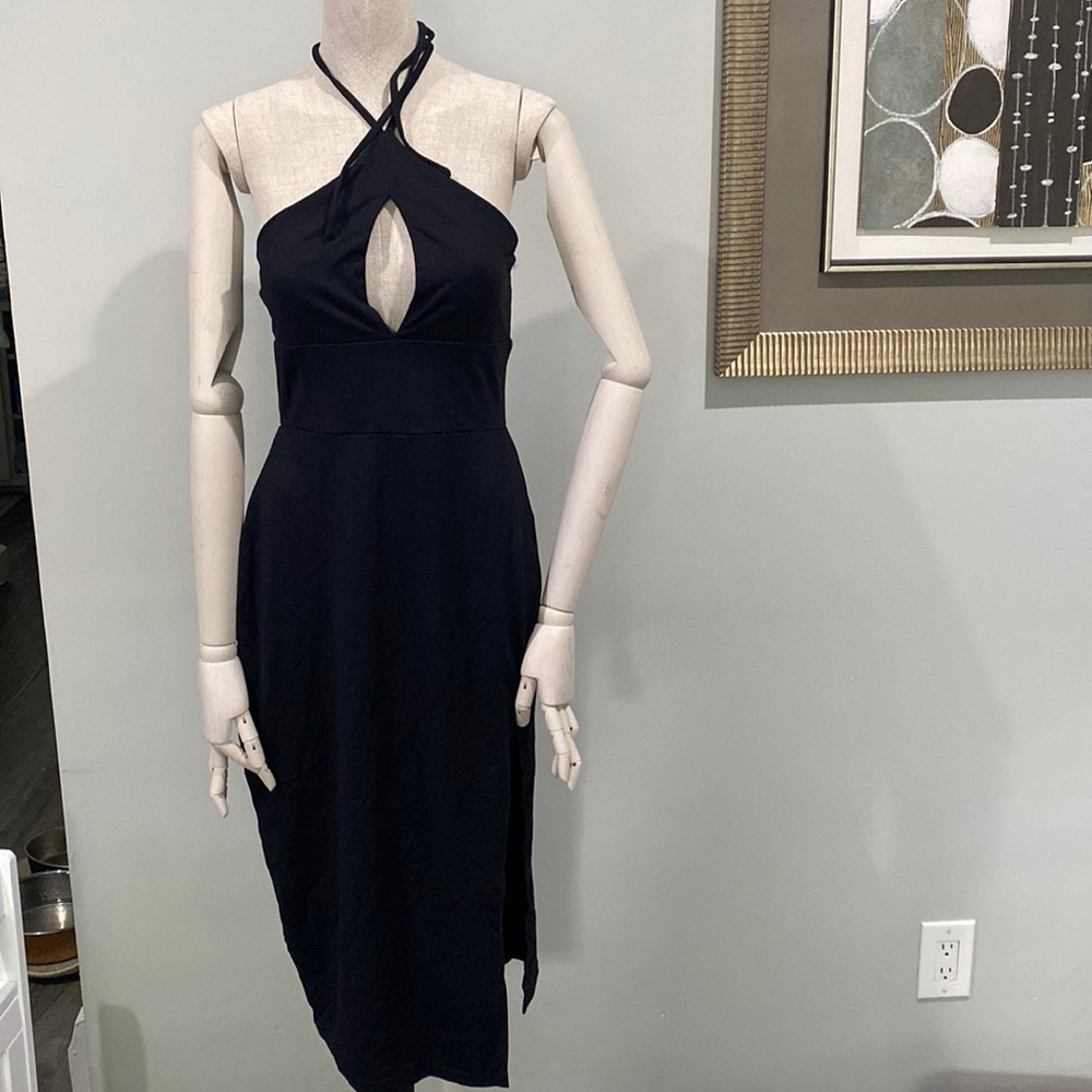 Susana Monaco Dress Medium Halter Open Front Stretch Midi Black Front Slit - Picture 4 of 8
